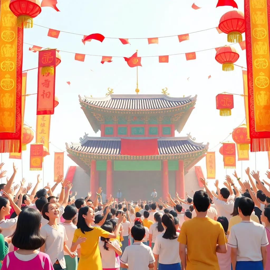 A contrasting scene of Sung’s joyful rule and unity in the kingdom, bright colorful banners, joyful people celebrating, teamwork in harmony, digital art, bright, celebratory, high quality