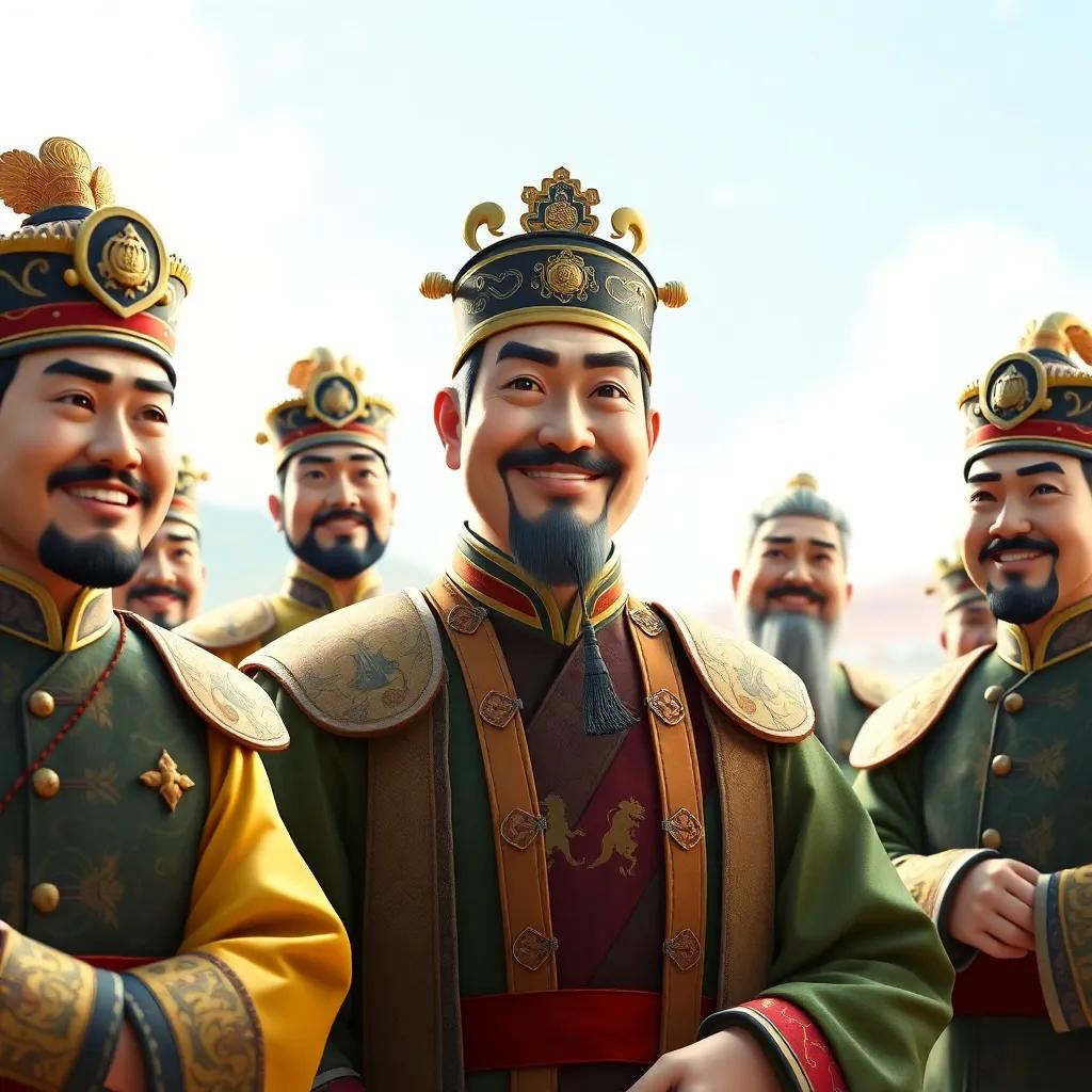 A portrait of Emperor Sung with his experienced generals highlighting their loyalty, bright surroundings, smiles and camaraderie, showing strength in unity, vibrant colors, cheerful atmosphere, high quality