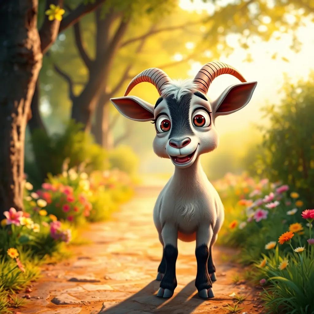 A talking goat beside Ahmed, with big eyes and a playful attitude, standing on a sunlit path, surrounded by trees and flowers, sharing stories with Ahmed, illustration, colorful, whimsical, friendly, high quality