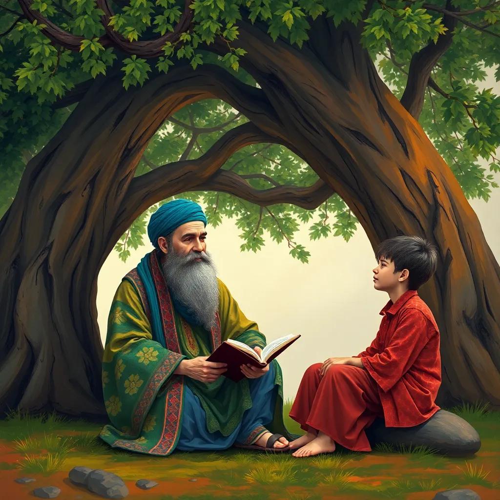 A wise Sufi master, Amir, with a long beard and colorful robe, sitting under a big tree sharing stories with his student, Rahim, a young boy, calm atmosphere, digital art, warm colors, inviting scene, high quality