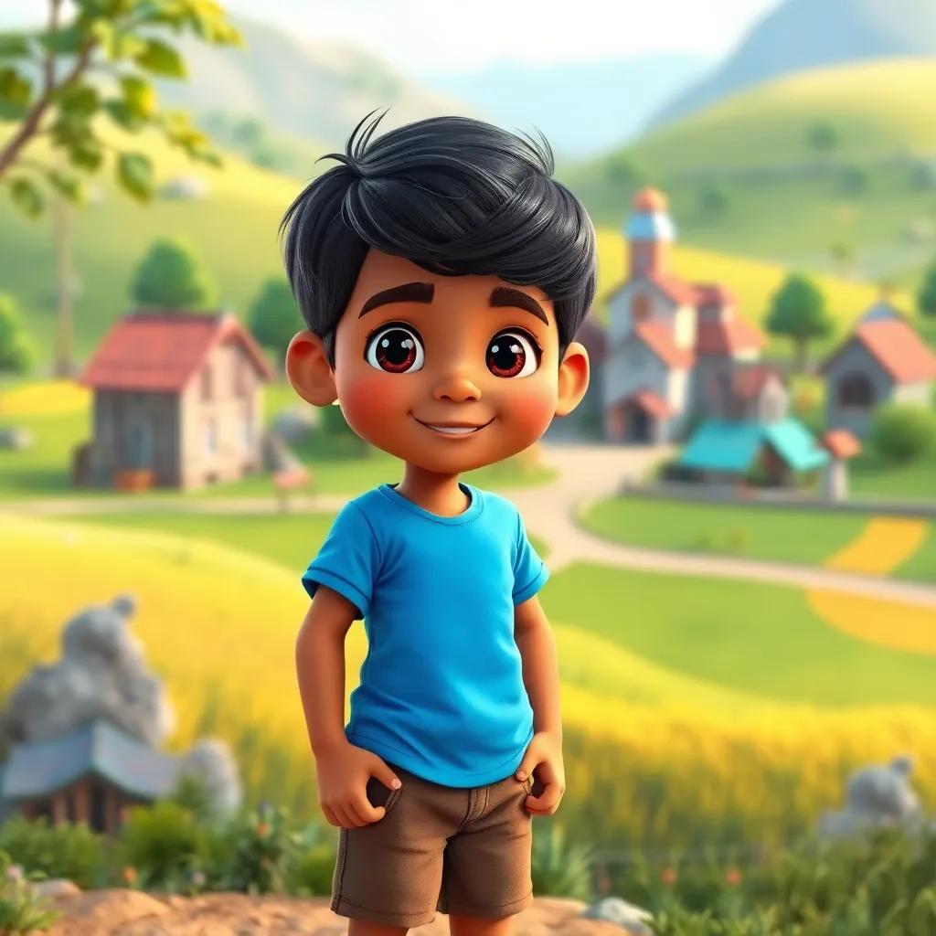 A young boy named Salim, with short black hair and brown skin, wearing a bright blue shirt and brown shorts, standing in front of a small village surrounded by fields, friendly atmosphere, digital art, vibrant colors, cheerful scene, high quality