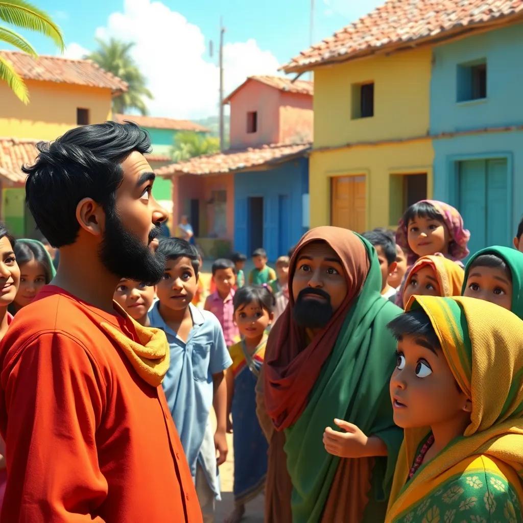 Salim speaking to a crowd of villagers, surprised expressions on their faces, a sunny day in the village, children playing in the background, colorful village houses, digital painting, lively and inviting, bright blues and greens, high quality