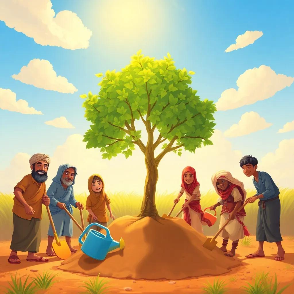 Salim's idea of planting a tree at the boundary between two lands, villagers working together with shovels and watering cans, a sunny sky with fluffy clouds, festive atmosphere, illustration, cheerful and collaborative, warm earth tones, high quality