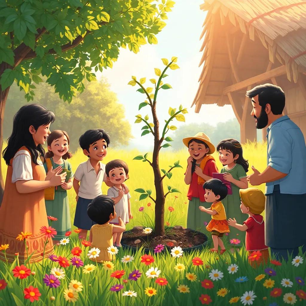 Villagers singing and watering the young tree, children playing around, colorful flowers in the grass, a joyful gathering, digital painting, bright and warm colors, happiness in the air, joyful atmosphere, high quality