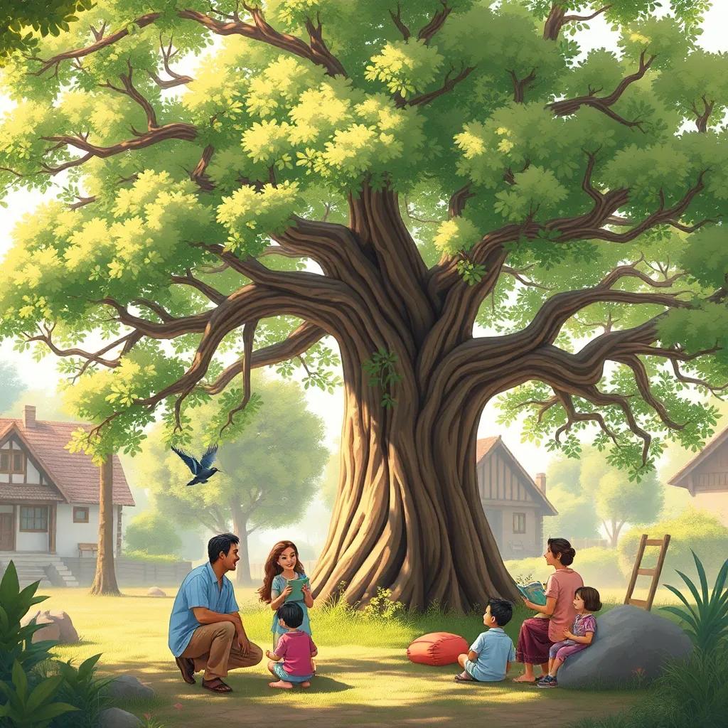 The tall, flourishing tree providing shade for villagers sitting, talking and laughing, a beautiful day with birds singing in the branches, parents telling stories to their children, heartwarming scene, illustration, soft sunlight, nurturing family environment, high quality