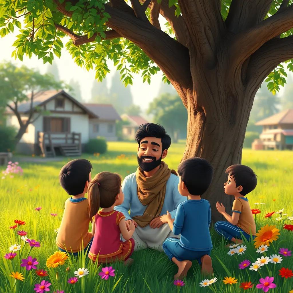 Salim, now a young man, under the tree with children playing around, vibrant grass and colorful flowers, smiling and sharing a lesson, peaceful village background, digital art, serene and uplifting, harmonious colors, high quality