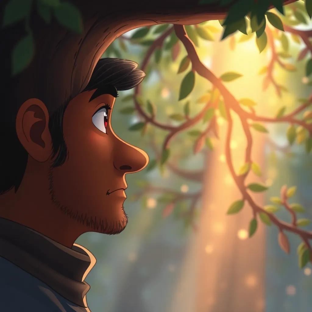A close-up of Salim thinking, looking thoughtfully at the tree, the light filtering through the branches creating a magical effect, illustration, reflective mood, soft and warm colors, high quality