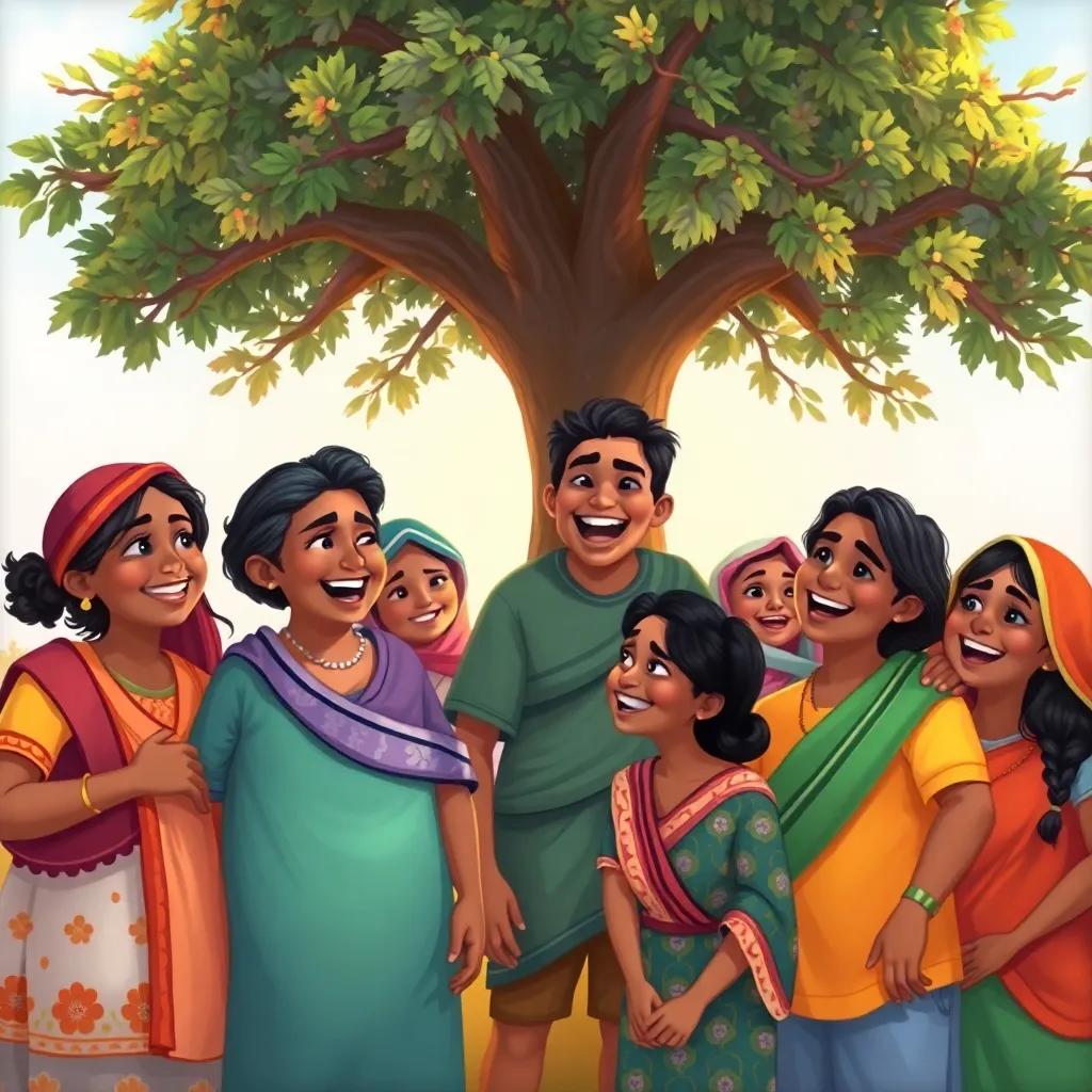 A group portrait of villagers gathered under the tree, laughing and enjoying the day, colorful clothing and happy expressions, symbolizing community and friendship, joyful atmosphere, illustration, rich colors, heartwarming quality, high quality