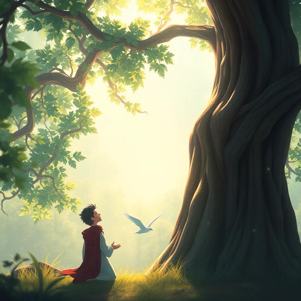 Salim whispering to the tree, the tree towering majestically, leaves rustling gently with the wind, peaceful scene, digital painting, magical ambiance, soft focus, high quality