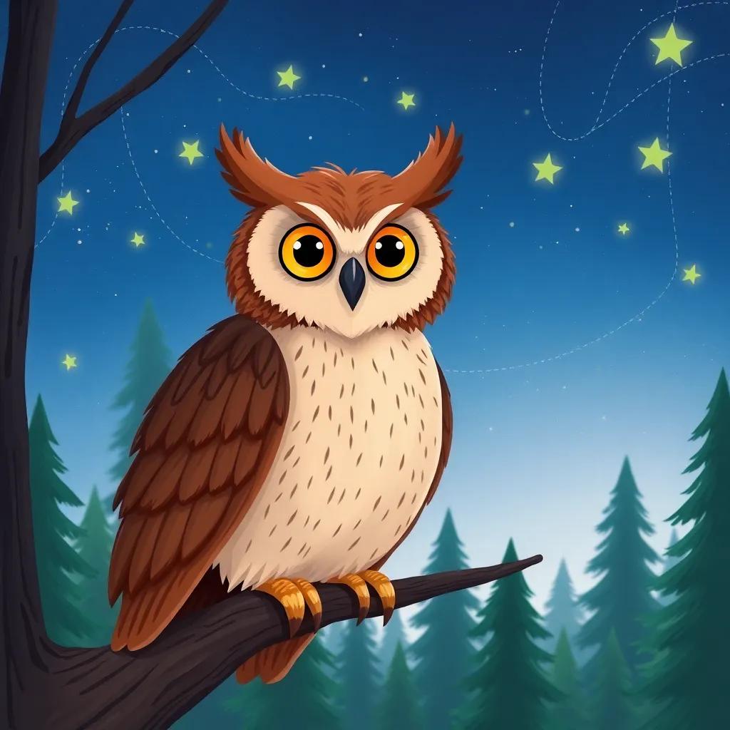A wise old owl named Oliver, with soft brown feathers and big yellow eyes, perched on a tall branch in a quiet forest under a starry sky, digital art, serene atmosphere, glowing stars, high quality, colorful