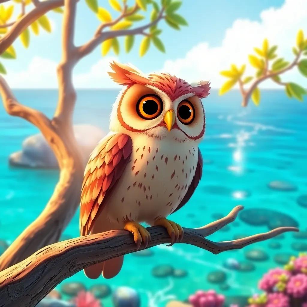A bright morning by the sea, a wise owl named Ollie, with big round eyes, sitting on a tree branch looking towards the ocean, colorful coral reef in the background, digital art, vivid colors, warm light, cheerful atmosphere, high quality