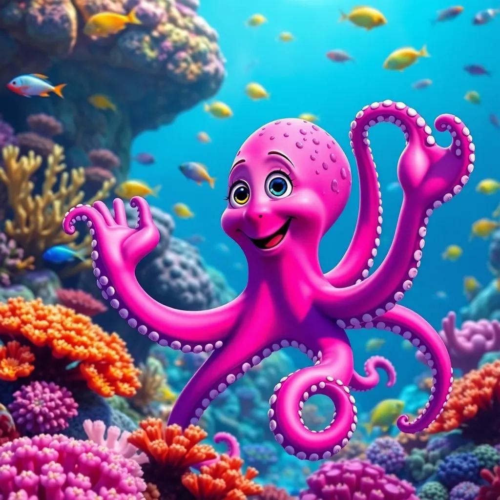 Olivia the Octopus, with vibrant pink and purple colors, waving her tentacles excitedly by the colorful coral reef, lots of fish swimming around, her expressions showing joy and curiosity, lively underwater scene, beautiful details, bright colors, high quality