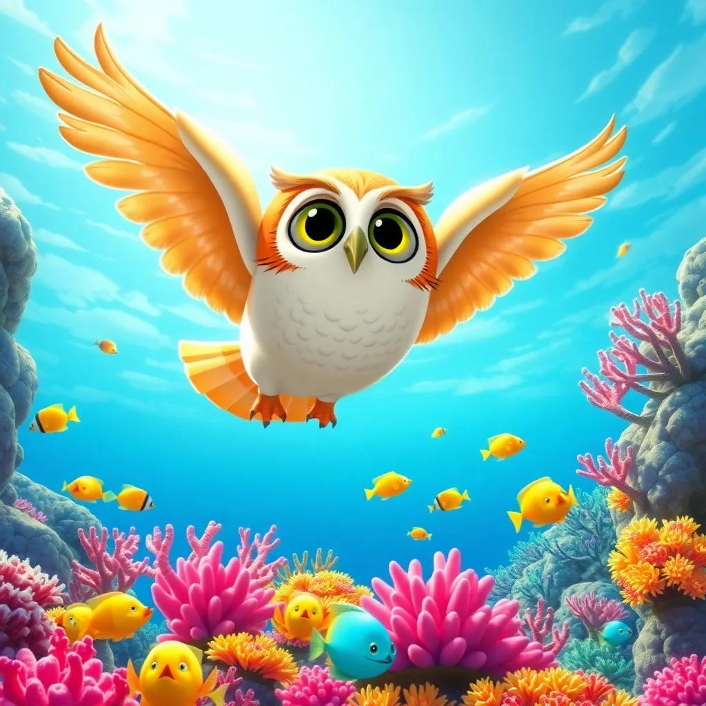Ollie the owl flying above the colorful coral reef, tropical fish swimming below, Ollie’s wings outstretched, looking cheerful and excited, sunny atmosphere, digital illustration, sharp focus, high quality