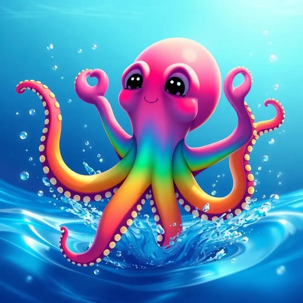 Olivia the octopus jumping out of the water like a rainbow, splashing down as her colors blend with the ocean, surrounded by glimmering water droplets, joyful moment captured, dynamic illustration, colorful and bright, high quality