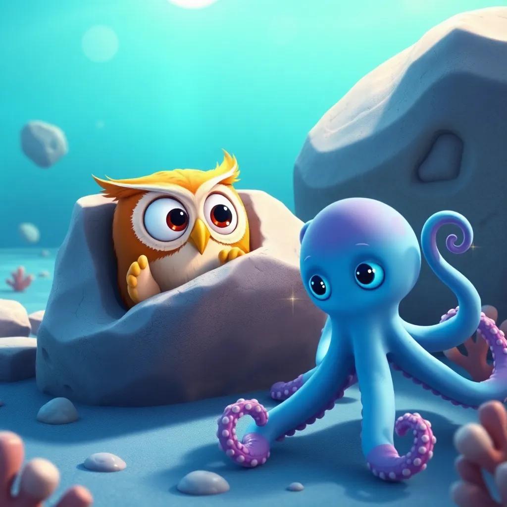 A playful scene of Ollie the owl and Olivia the octopus, 'hide and seek' game, Ollie hiding behind a giant rock while Olivia counts with sparkling eyes, fun and cheerful environment, bright ocean colors, engaging composition, high quality