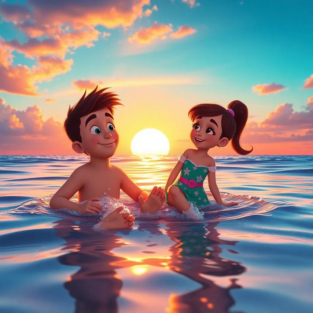 The friends playing together in the gentle waves, with a beautiful sunset casting bright colors across the sky and water, Ollie and Olivia looking relaxed and happy, vibrant twilight scenery, warm light, heartwarming moment, high quality