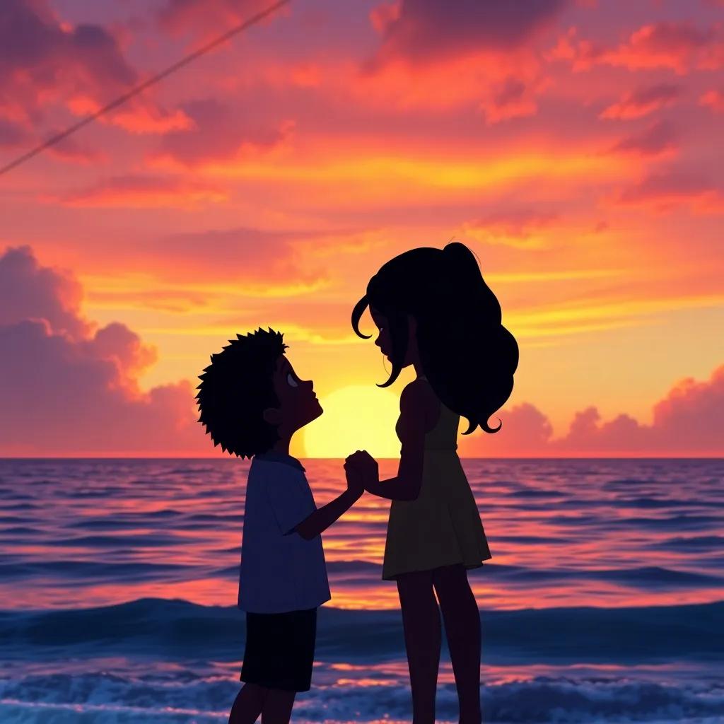 The beautiful sunset over the ocean as Ollie and Olivia promise to always explore together, with their silhouettes framed against the colorful sky, heartwarming moment, emotional and magical, high quality