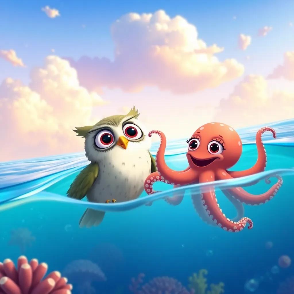 Ollie the owl and Olivia the octopus enjoying the ocean's beauty and their friendship, vibrant colors in the sky and underwater scene, joyful expressions, whimsical and lively setting, high quality