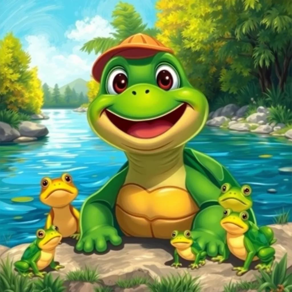 A happy turtle named Sammy, with green skin and a big smile, sitting by the riverbank surrounded by curious frogs, bright sunny day, cheerful atmosphere, digital art, vibrant colors, inviting scene, high quality
