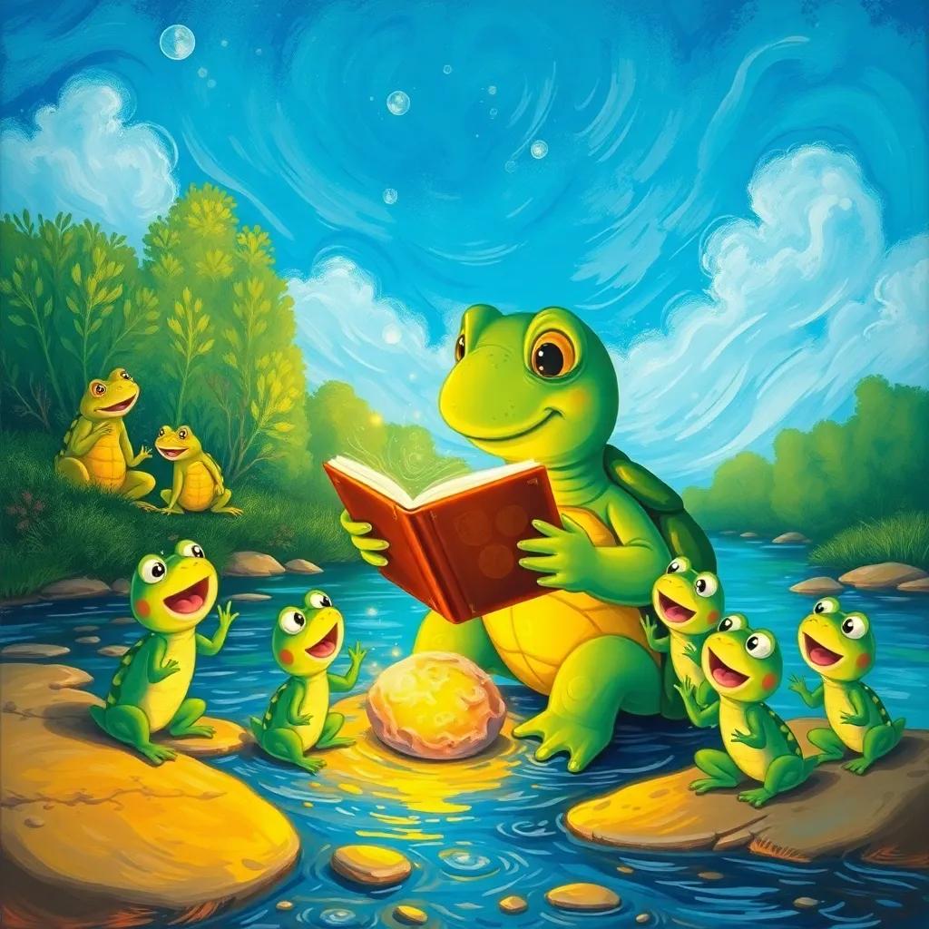 Sammy the turtle, sharing a glowing rock story with excited frogs around him, colorful river with lush greenery and blue sky, illustration, joyful, magical moment, child-friendly, high quality