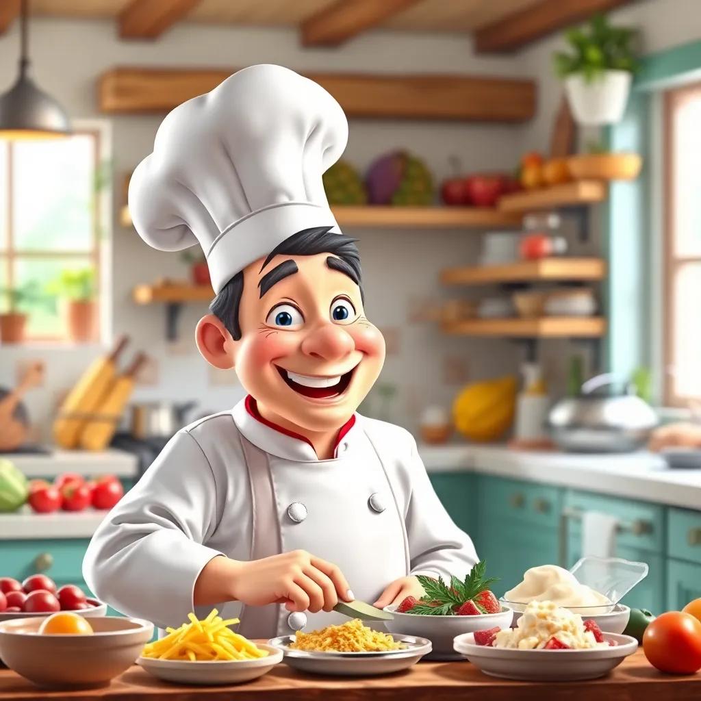 A cheerful chef named Gus, a middle-aged man with a warm smile and tall white chef's hat, cooking in a bright and cozy kitchen filled with fresh ingredients, digital art, vibrant colors, cozy atmosphere, quality details, high quality