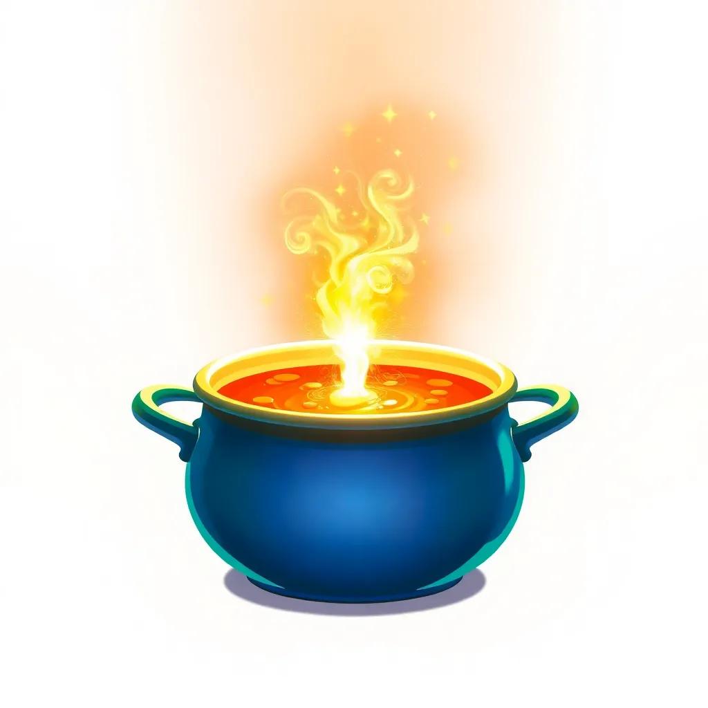 A magical spark from the soup pot, with little stars and swirls of light around, conveying joy and excitement, digital art, bright and colorful, imaginative atmosphere, high quality