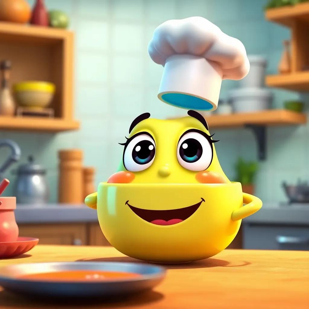 A cute animated character, the soup, with big eyes and a smile, speaking happily to Chef Gus in the kitchen, playful style, colorful and friendly, cheerful lighting, high quality