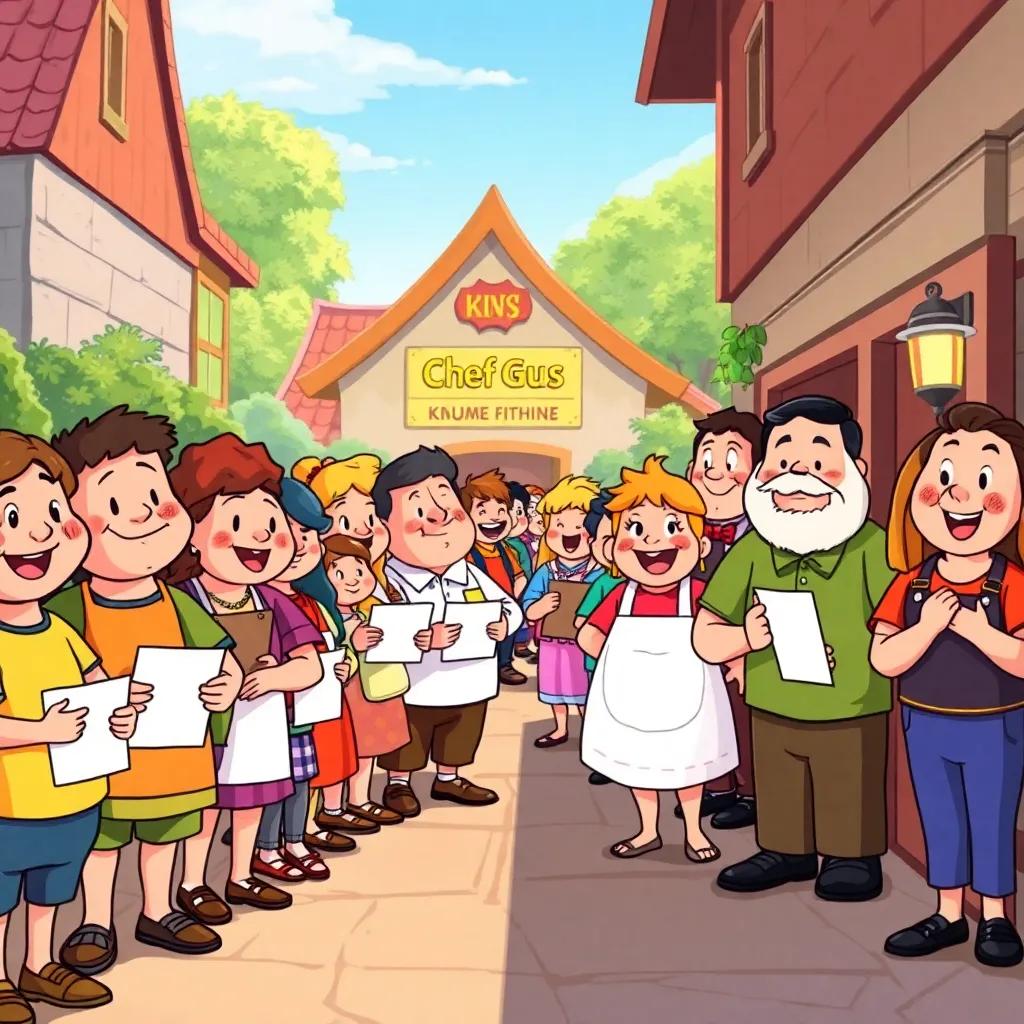 A long line of happy townsfolk waiting outside Chef Gus's kitchen, some with letters for wishes, others with excited expressions, illustration, cheerful atmosphere, vibrant colors, high quality