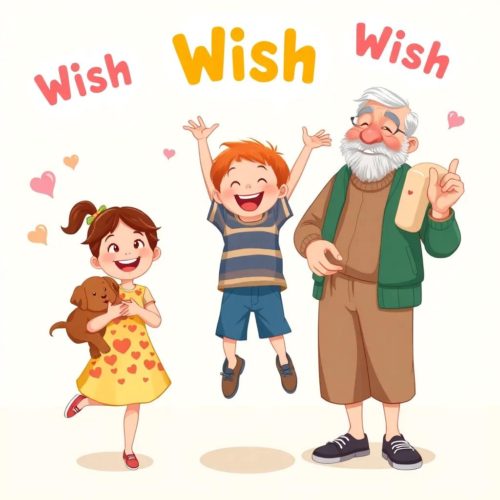 A girl joyfully holding a puppy, a boy jumping with a large toy, and an old man with a big smile holding a dress, surrounded by colorful wish bubbles, illustration, fun and lively, bright colors, high quality