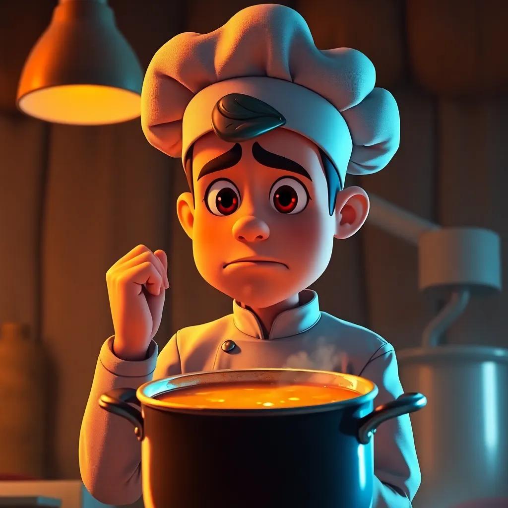 A worried Chef Gus thinking hard, standing in front of his bubbling pot of soup, warm lighting, serious yet hopeful ambiance, rich colors, high quality