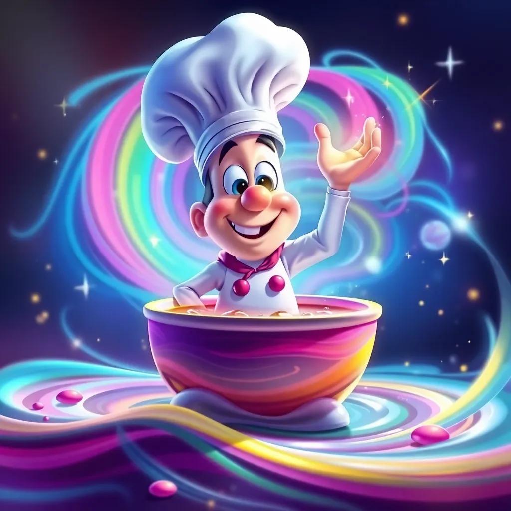 A colorful swirl from the soup, as Chef Gus makes his big wish, with sparkles and light all around, magical and dynamic, vibrant and bright, high quality