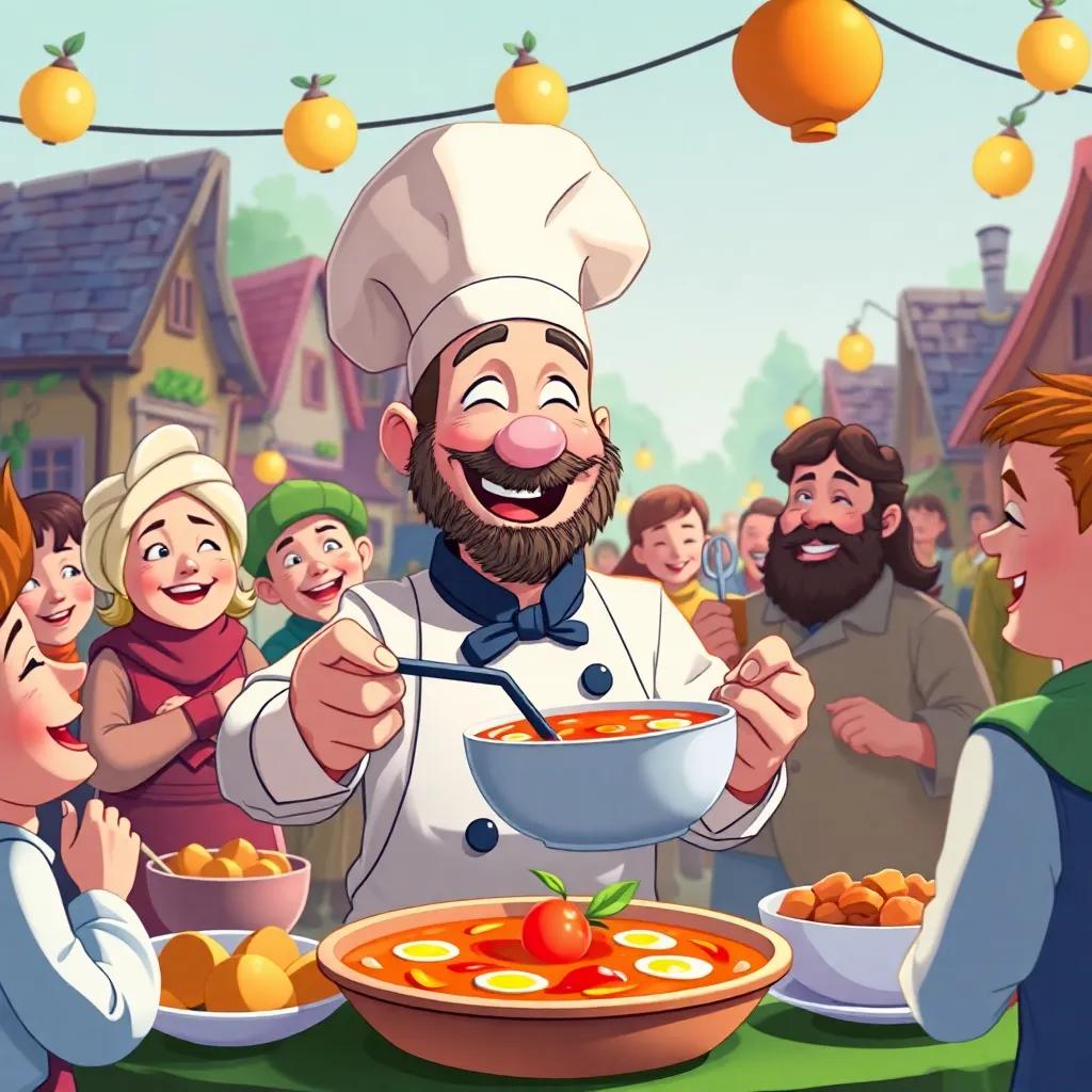 A happy Chef Gus serving his normal soup to smiling townsfolk, joy in the air, warmth and love, colorful and inviting atmosphere, high quality