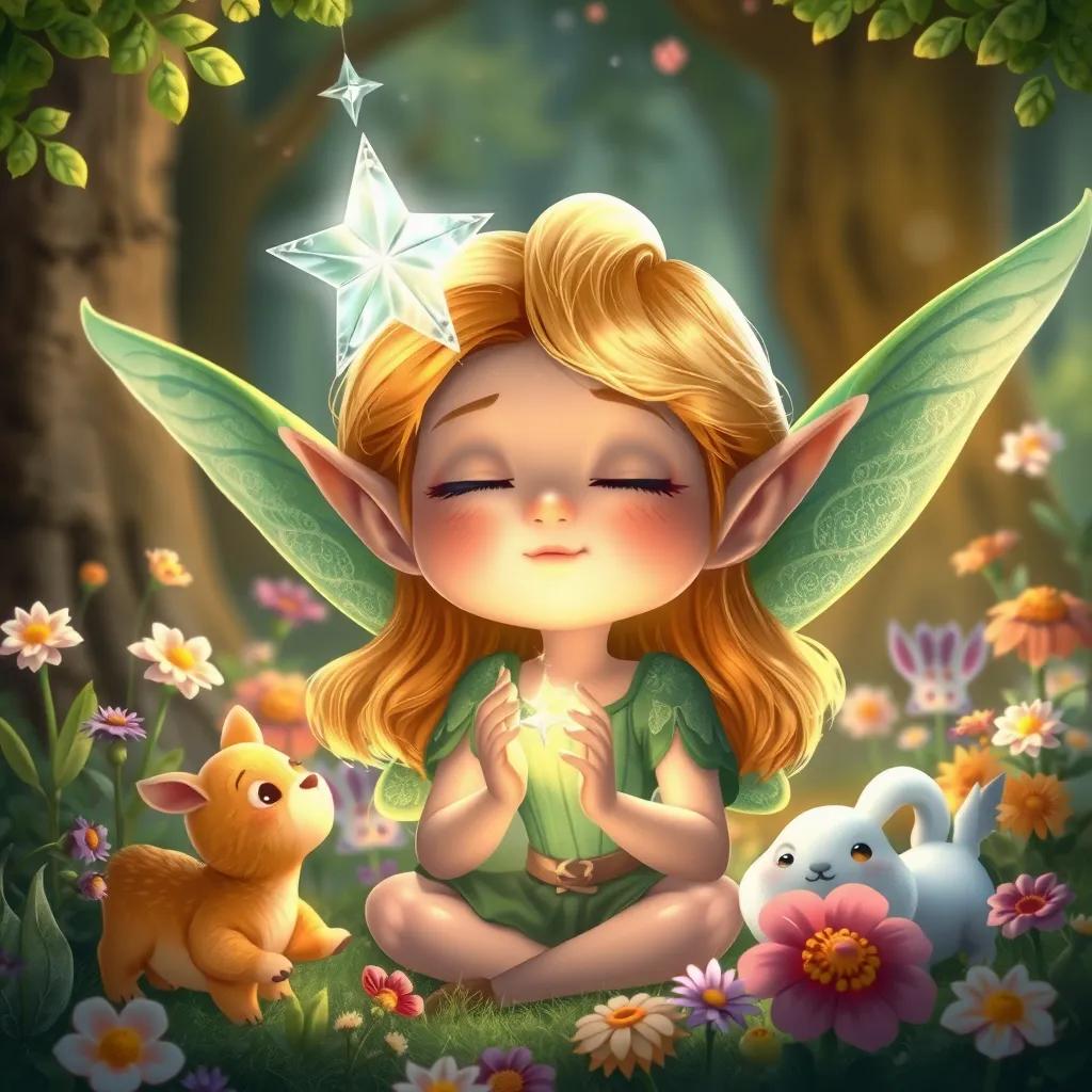 Elara, the little elf with golden hair and green wings, closing her eyes as a shimmering silver star floats above her hands, surrounded by colorful flowers and gentle forest animals, illustration, magical and inviting, fantasy