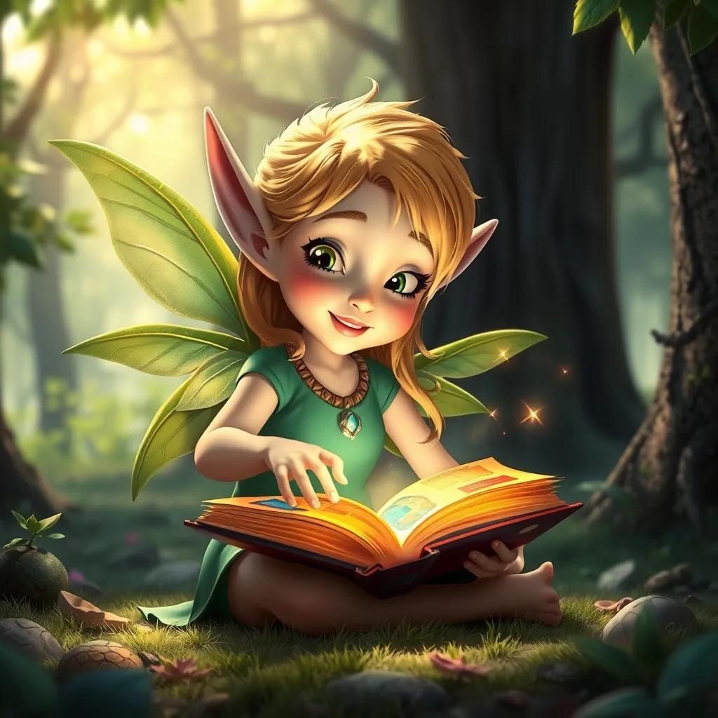 Elara, the little elf with golden hair and green wings, opening a glowing, magical book with colorful pages in a forest glade, bright light emanating from the book, exciting atmosphere, illustration, vibrant colors, fantasy