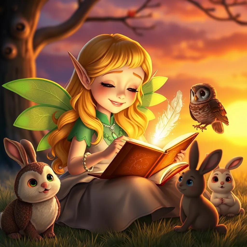 Elara, with her golden hair and green wings, happily writing in the glowing magical book with a sparkling feather, surrounded by her friends, including a wise owl and playful rabbits, warm sunset light, joyful scene, digital art