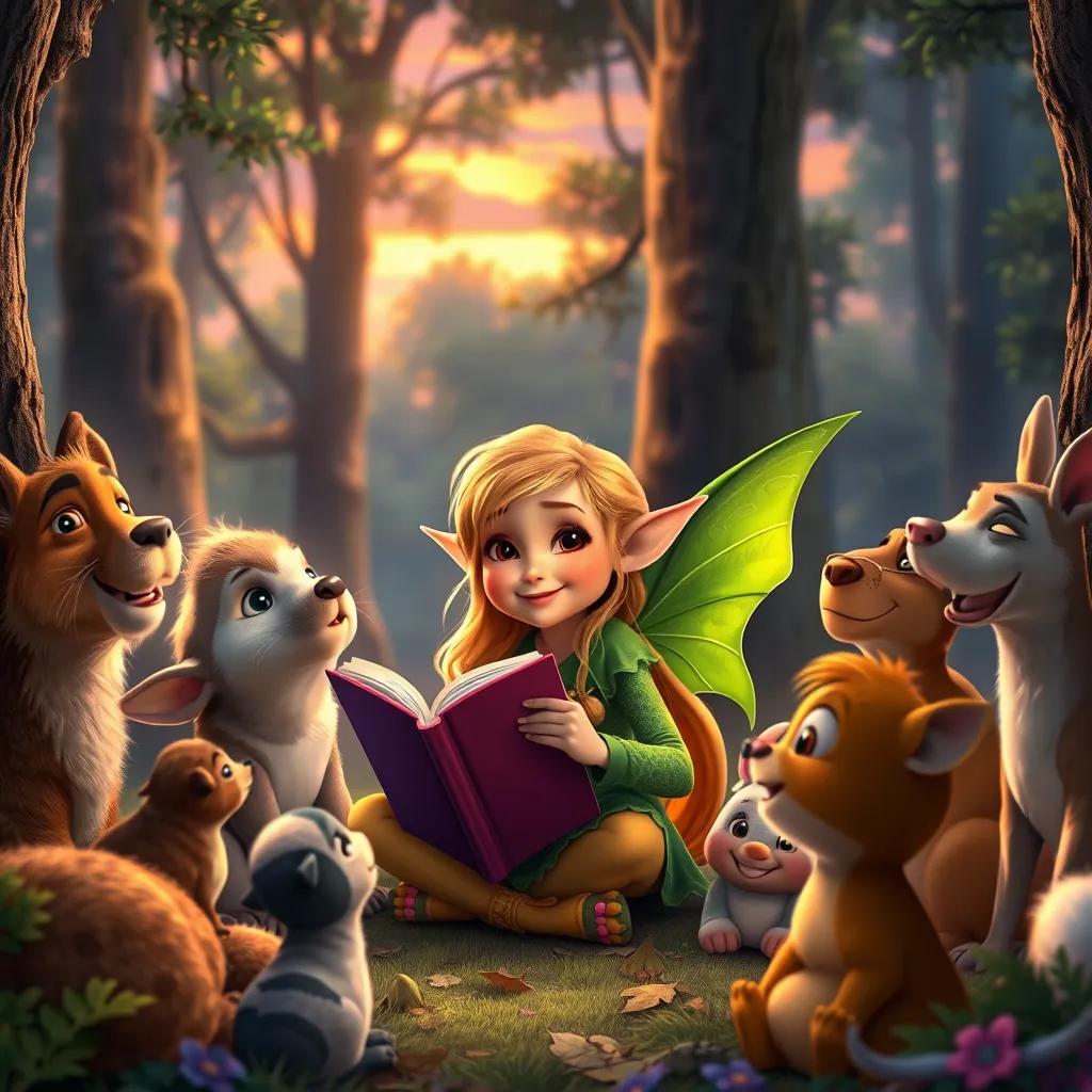 Elara, the little elf with golden hair and green wings, surrounded by forest animals listening to her stories, filled with laughter and magic, colorful background, heartwarming atmosphere, beautiful sunset, fantasy