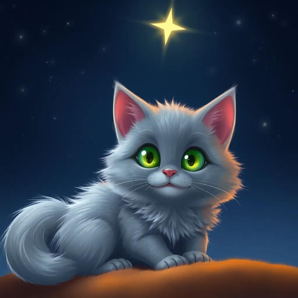A fluffy gray cat named Whiskers with bright green eyes sitting under a twinkling star in a dark blue sky, digital art, warm colors, magical atmosphere, high quality