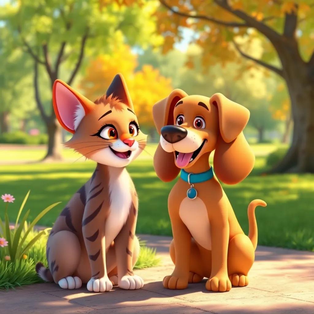 Whiskers the cat talking to Bella, a brown dog with floppy ears, in a sunny park, both looking happy, digital illustration, cheerful setting, vibrant colors
