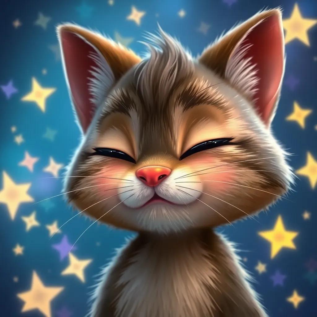 Whiskers closing his eyes and making a wish with sparkles around him, close-up of his determined face, surrounded by colorful stars, digital art, dreamy, bright, high detail