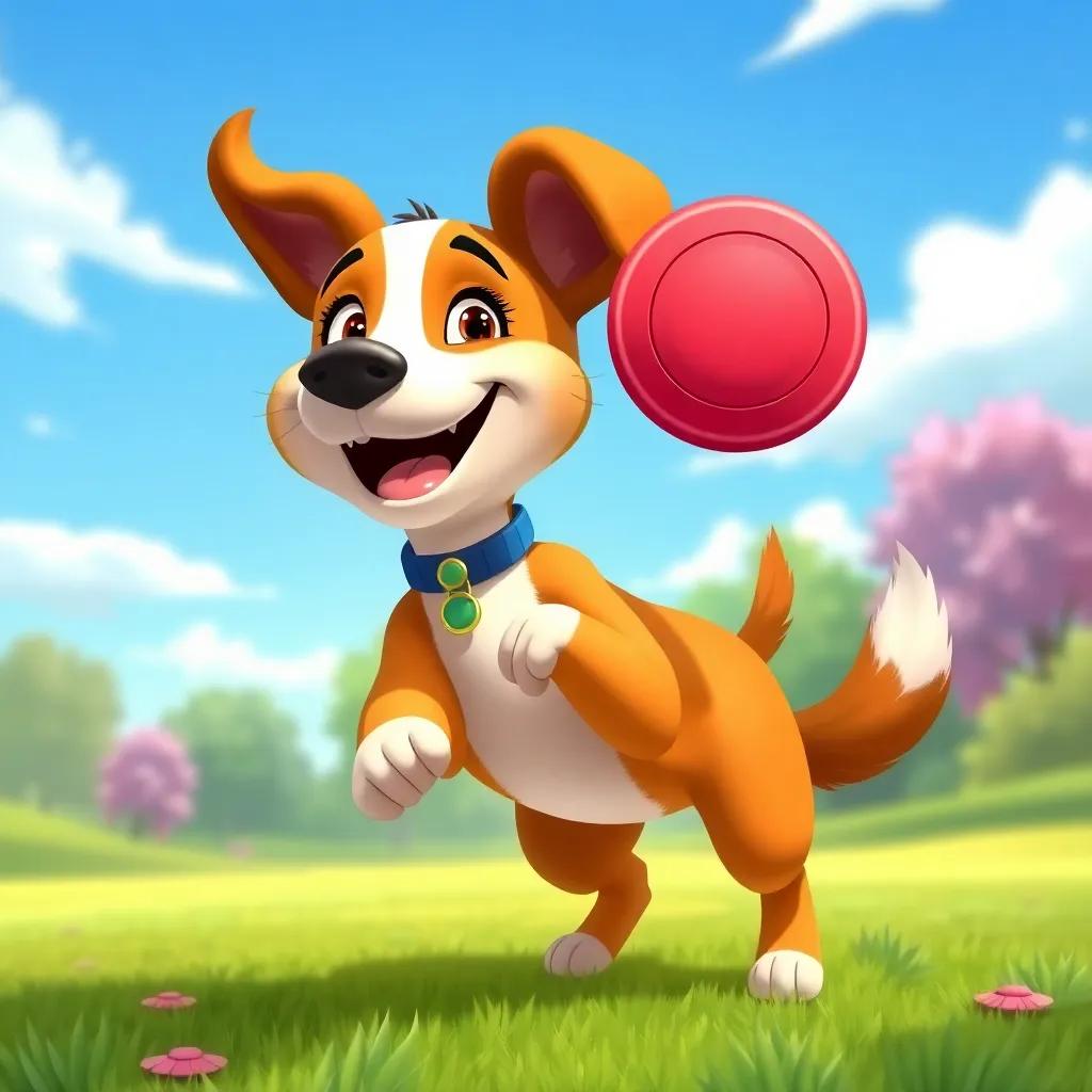 Bella the dog playing joyfully with a frisbee in the park, wagging her tail, smiling, bright blue sky in the background, digital illustration, uplifting, colorful