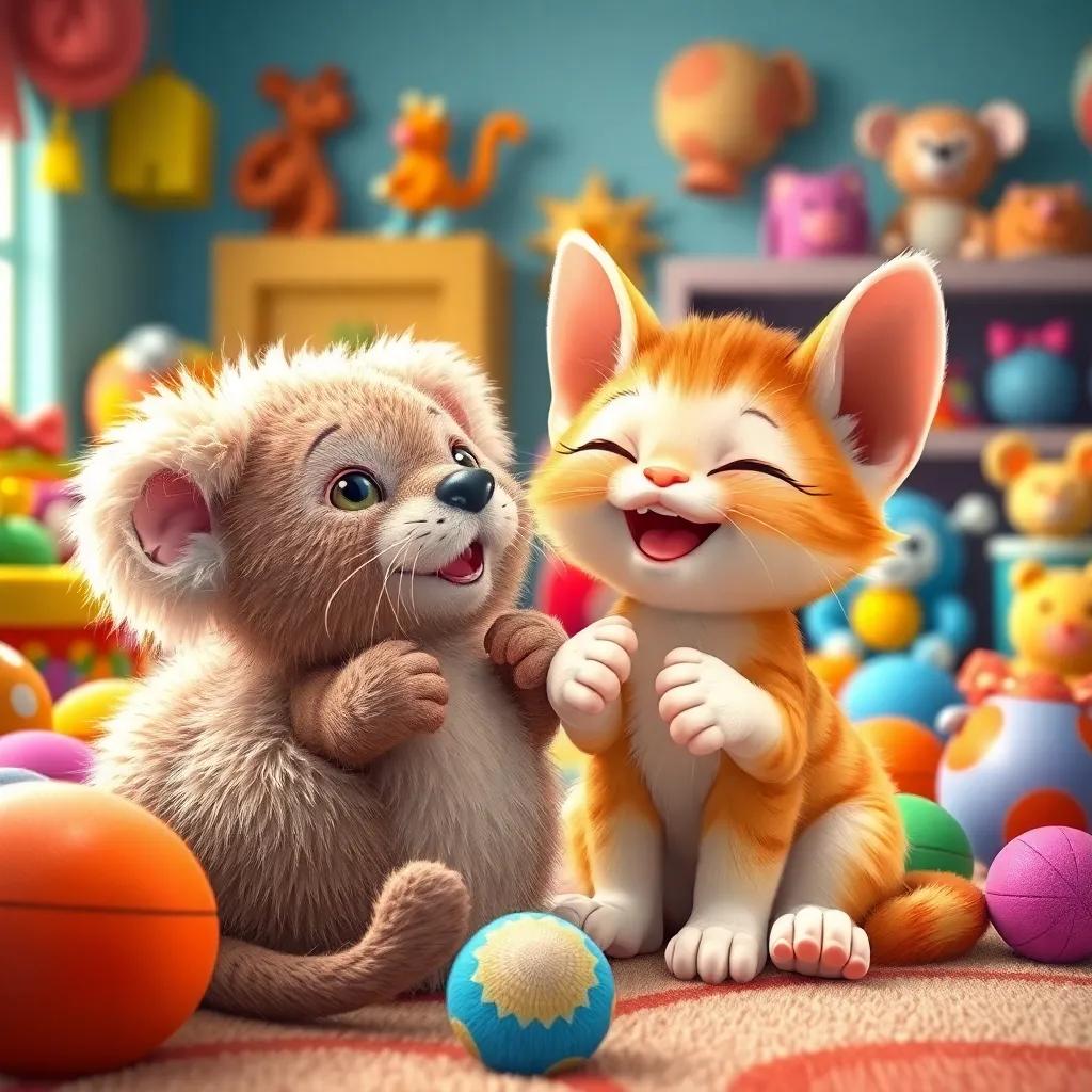 Paws the kitten giggling next to the big fluffy mouse toy in a room filled with colorful toys, cheerful atmosphere, digital illustration, vibrant colors, playful energy