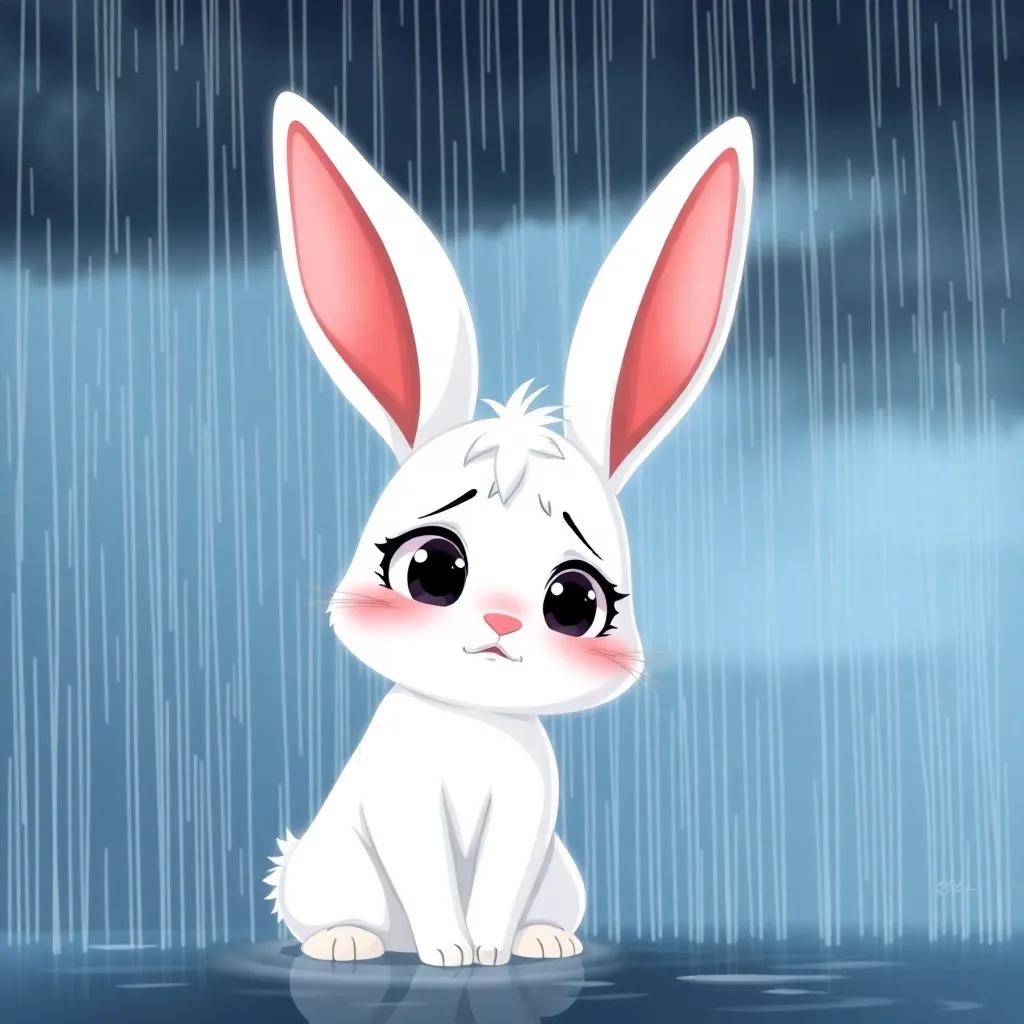 Luna, a white bunny with long ears, looking worried in the rain, dark gray clouds above, drops splashing around, digital art, soft colors, emotional expression, high quality