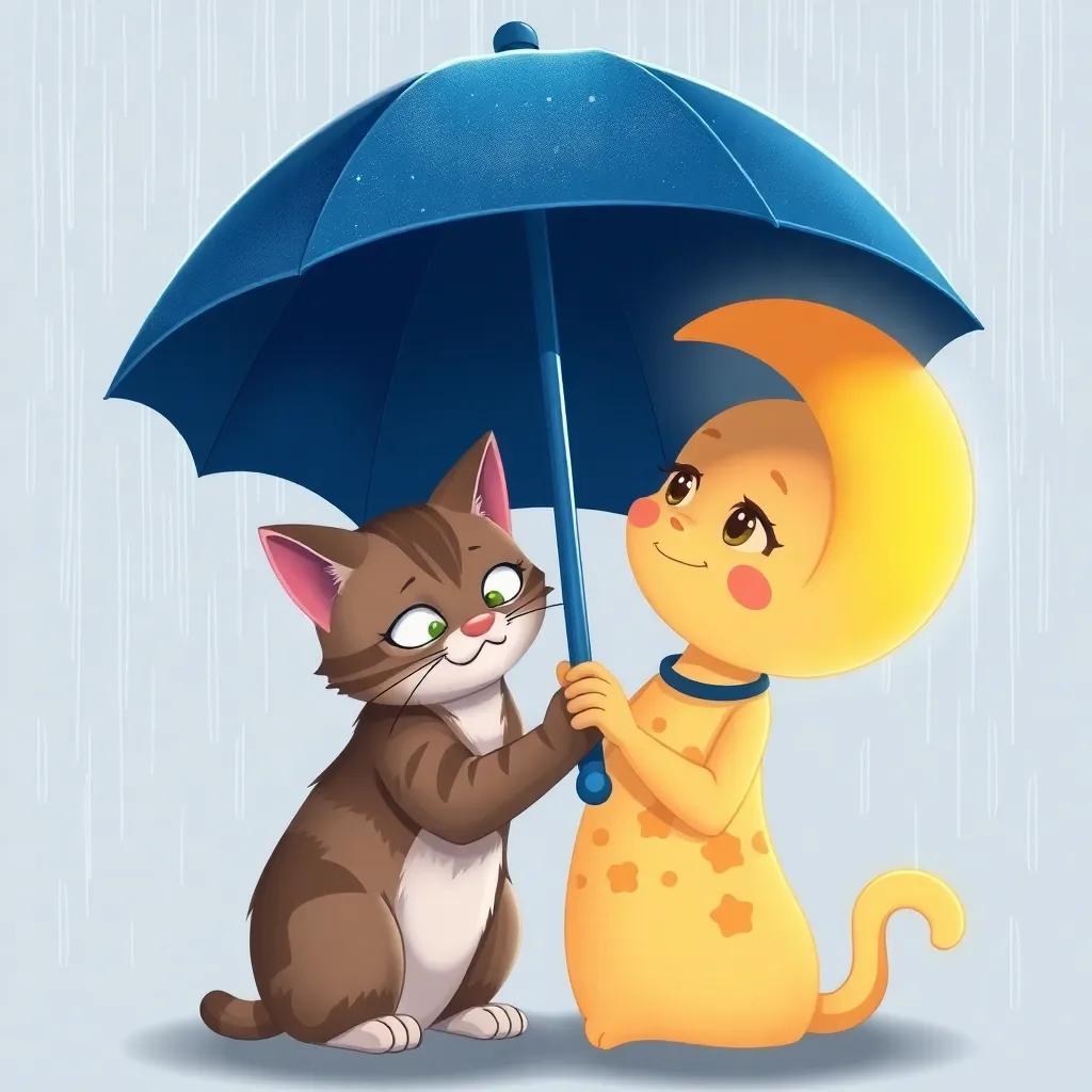 Whiskers the cat comforting Luna under an umbrella, with rain falling around them, both looking determined, digital illustration, bright colors, hopeful vibe, high detail