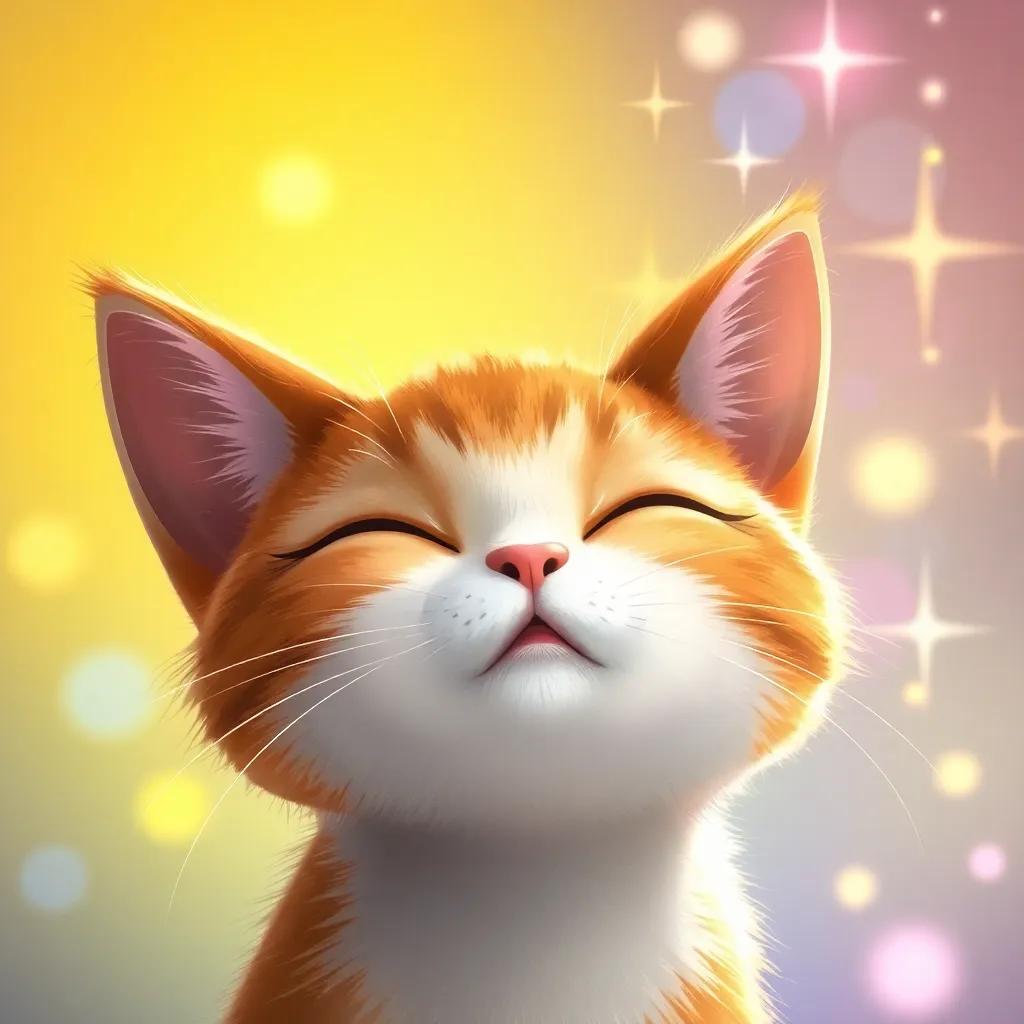 Whiskers the cat closing his eyes and wishing for sunshine, with bright colors and sparkles in the air, magic illumination, digital art, whimsical, captivating