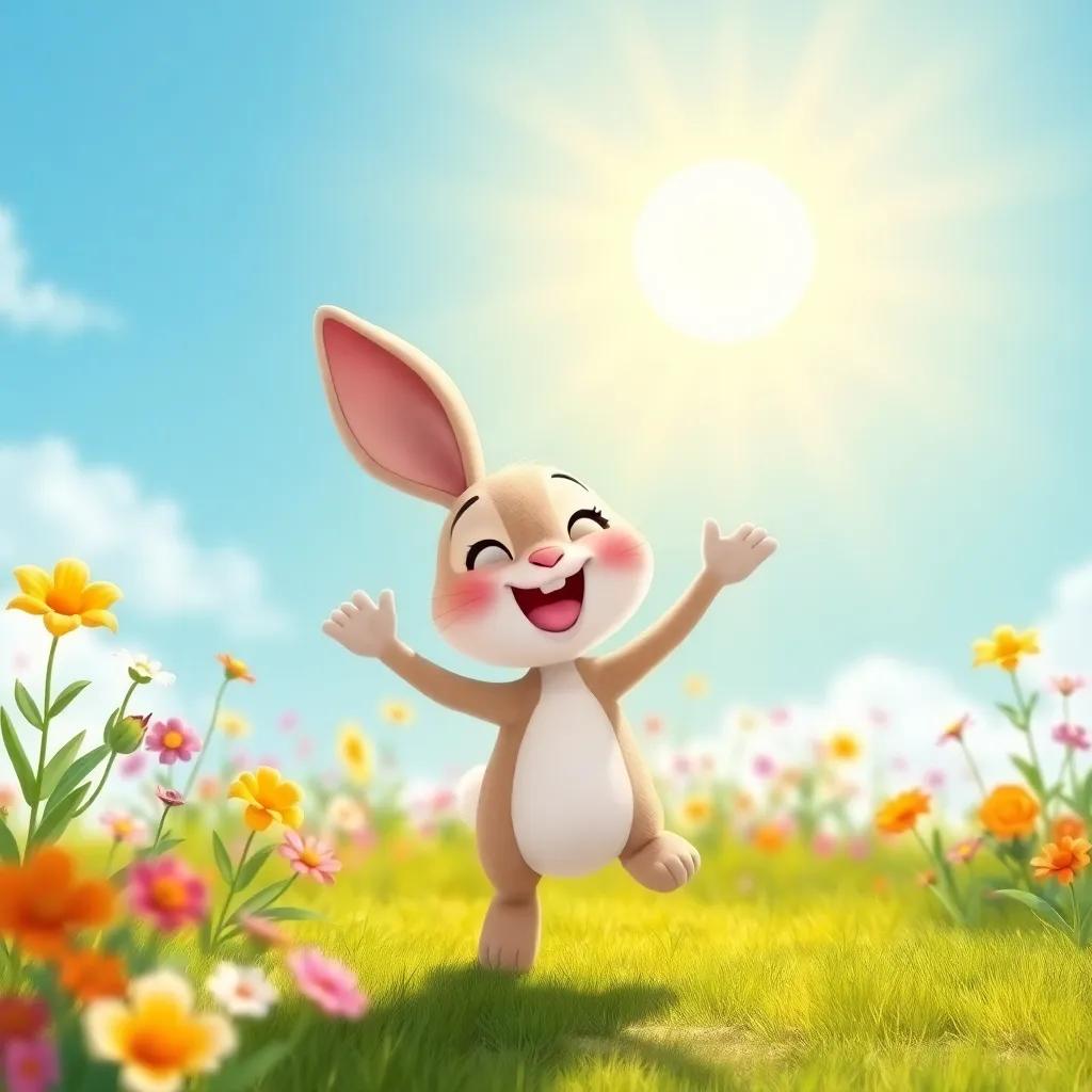 The sun shining brightly over a happy Luna the rabbit hopping outside, flowers blooming, bright colors, joyful mood, digital illustration, uplifting, high quality