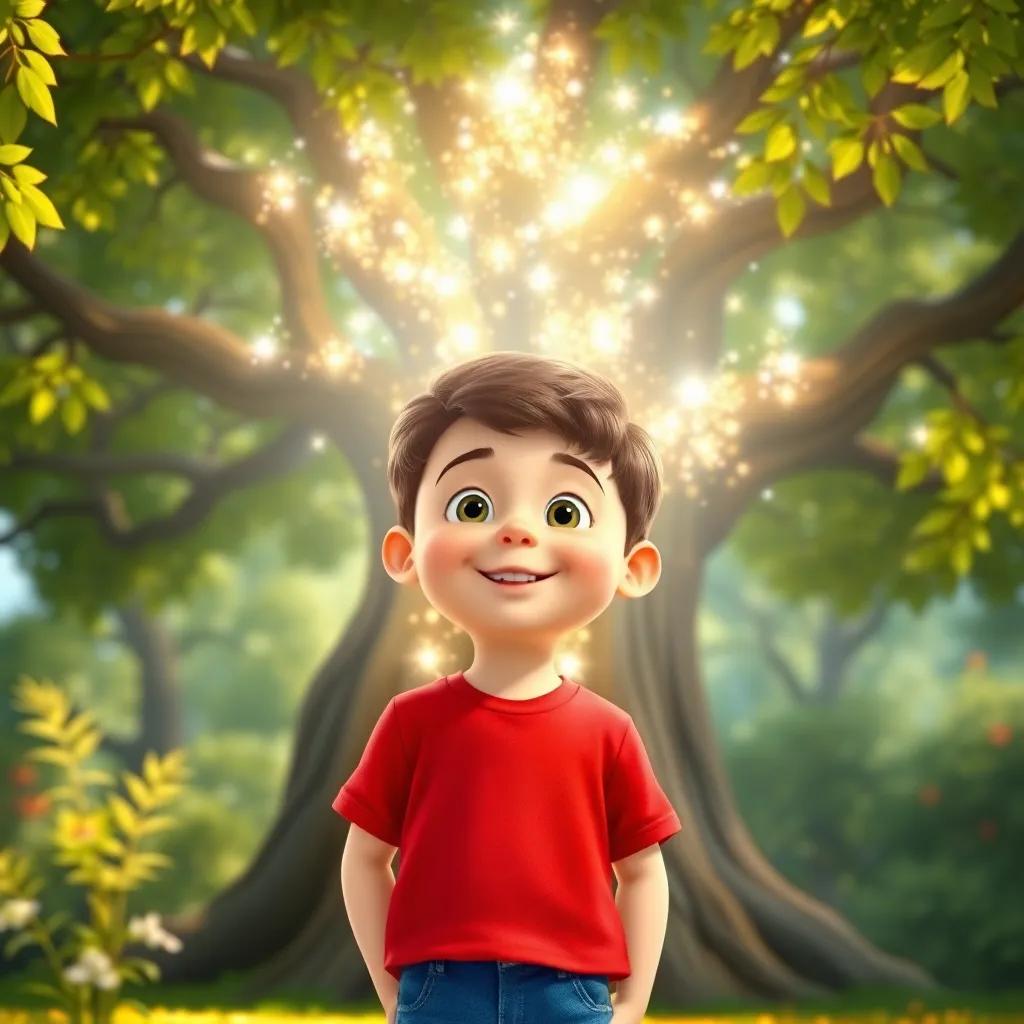 A little boy, Timmy, with short brown hair and wearing a red T-shirt and blue jeans, standing in front of a magical tree with sparkling leaves in a sunny forest, cheerful atmosphere, digital art, vibrant colors, inviting scene, high quality