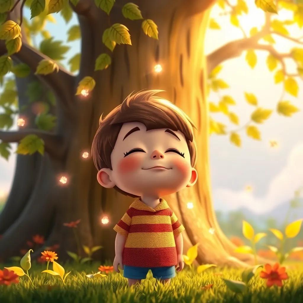 Timmy closing his eyes tightly in front of the wishing tree, shouting his wish, surrounded by glimmering leaves and a sunny background, whimsical art style, colorful, joyful mood, high quality