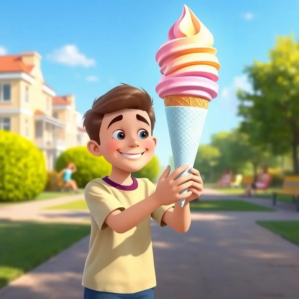 A big ice cream cone magically appearing in Timmy's hands, with bright colors and a sunny park backdrop, illustration, lively and cheerful scene, high quality