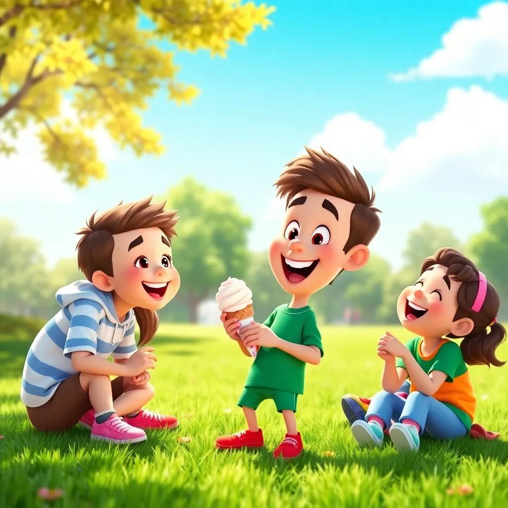 Timmy sharing ice cream with his friends, who are laughing and having fun in the park, with a bright sunny sky and green grass, fun and inviting, colorful, high quality