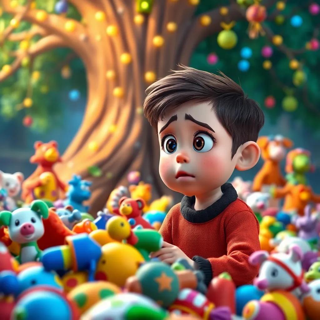 Timmy looking at a pile of toys around him, with a concerned expression, the magical tree in the background, illustrating a mix of excitement and worry, colorful and vibrant, high quality